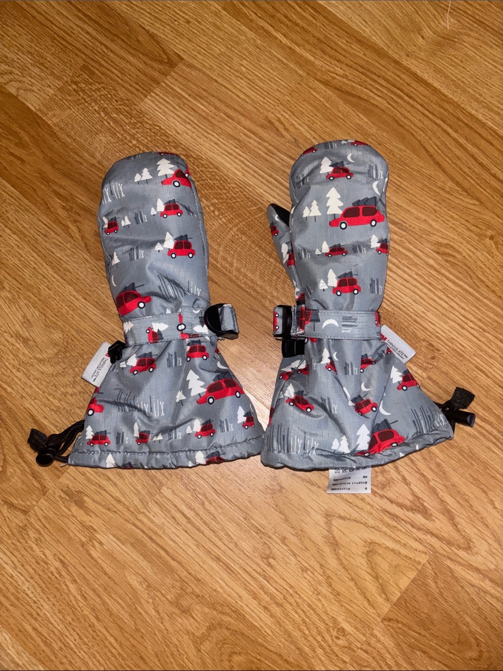 Kids Grey Mittens with Red Car Print - Cozy Winter Gloves - youth L